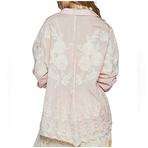 Women’s Pink Cream Floral & Lace Embroidered Long Sleeve Button Blouse/Shacket - Picture 2 of 3